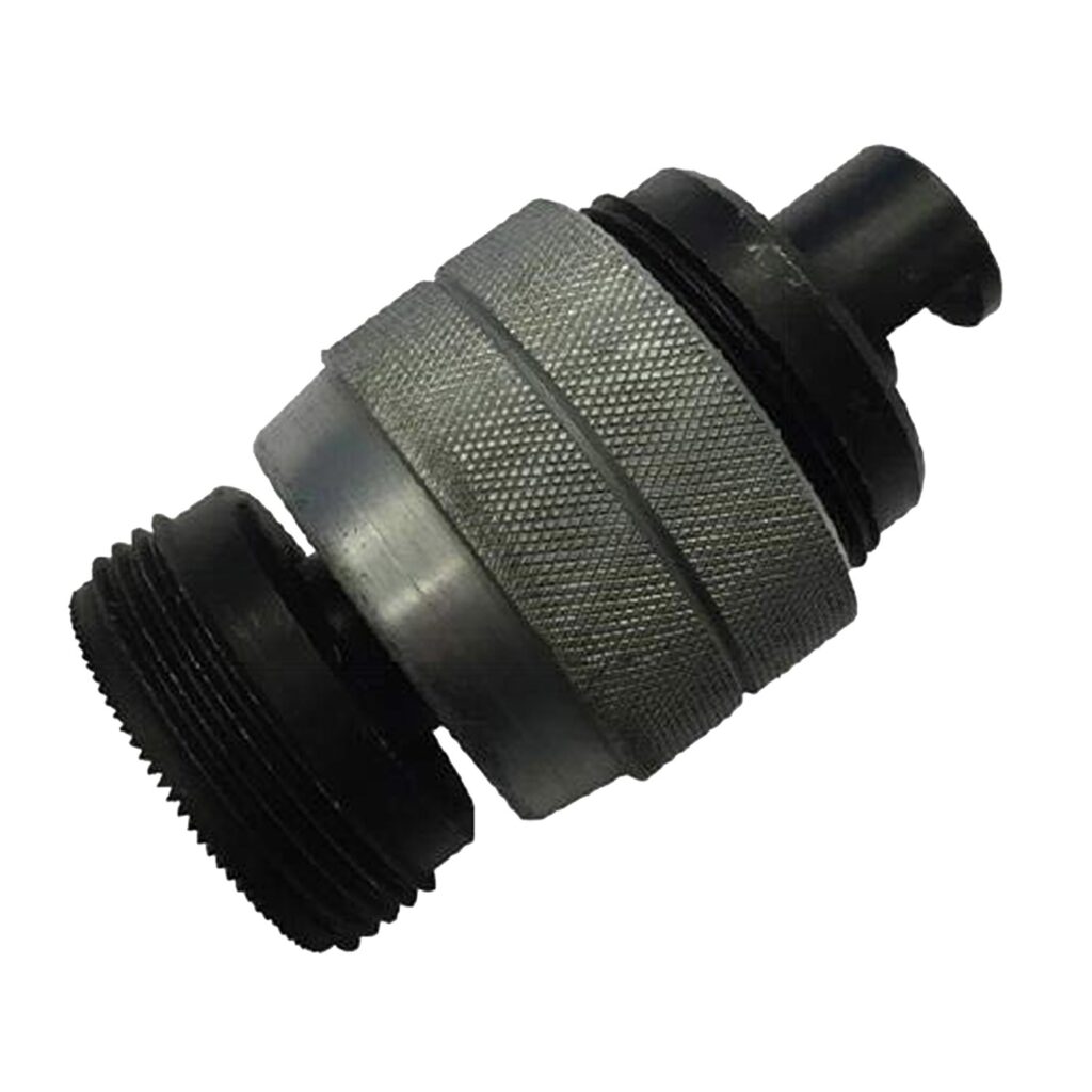 Metallischer Schnellkupplungsadapter mit gerändeltem Griff und Gewindeanschlüssen, geeignet für den Anschluss von Druck- oder Hydraulikleitungen.