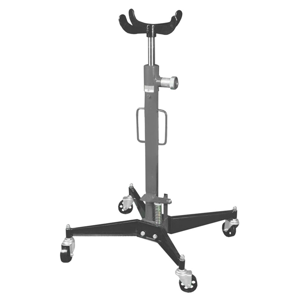 Mobiler Getriebeheber mit höhenverstellbarer Auflage, zentraler Führungssäule und vier lenkbaren Rollen zur sicheren Montage und Demontage von Getrieben.