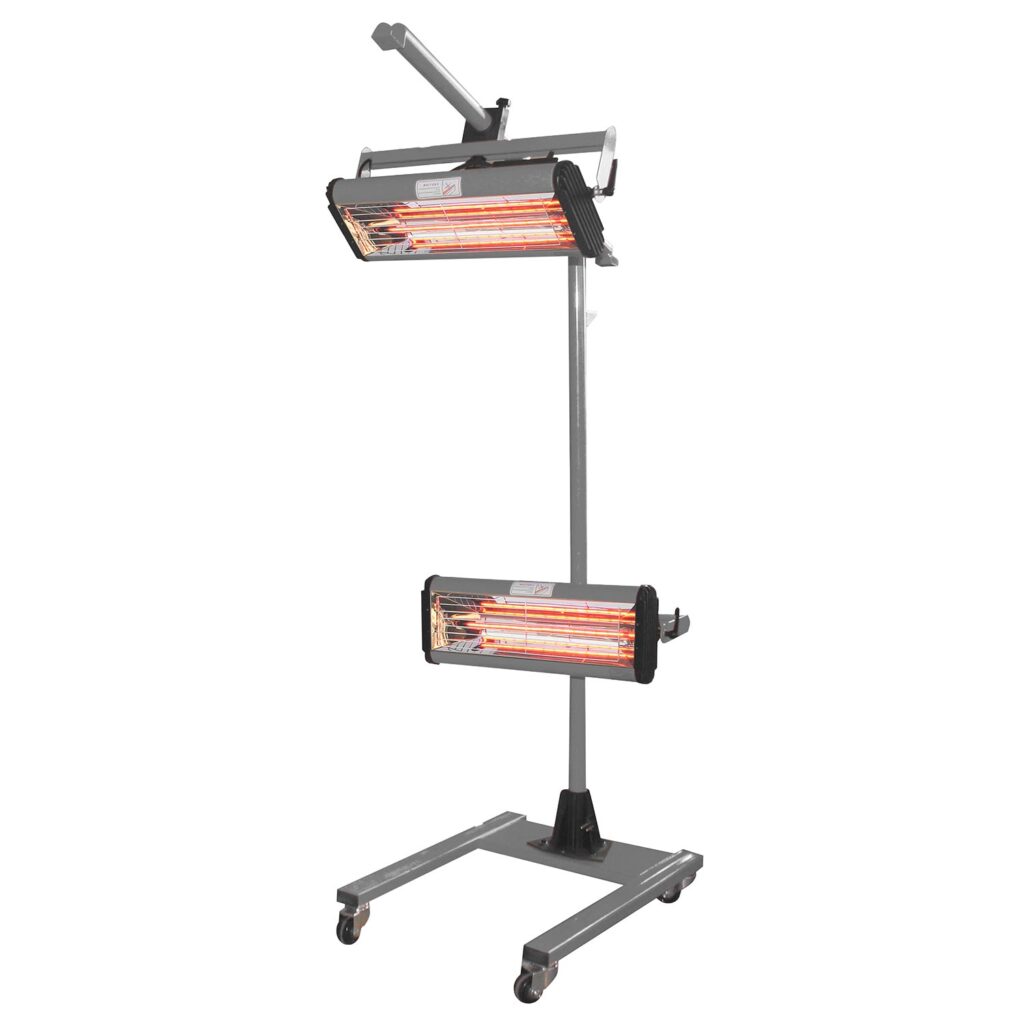 Mobiler Infrarot-Trockner mit zwei horizontalen Heizmodulen auf höhenverstellbarer Säule, fahrbares Metallgestell mit Rollen, freigestellt auf weißem Hintergrund.