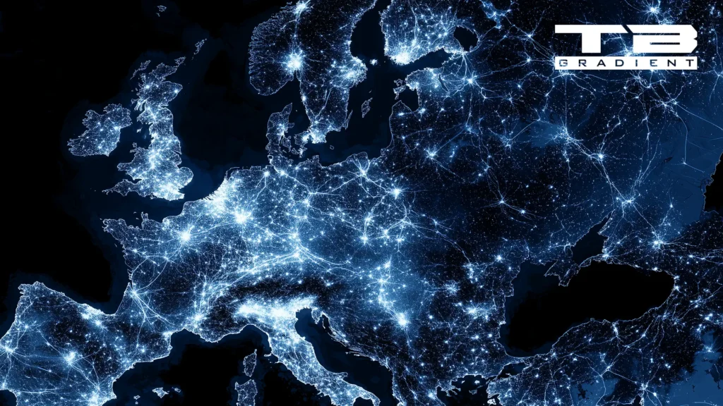 Stilisierte Nachtansicht einer Europakarte mit leuchtenden Lichtpunkten und Linien, die Städte und Verkehrsnetze darstellen; rechts oben ist das Logo „TB Gradient“ eingeblendet.